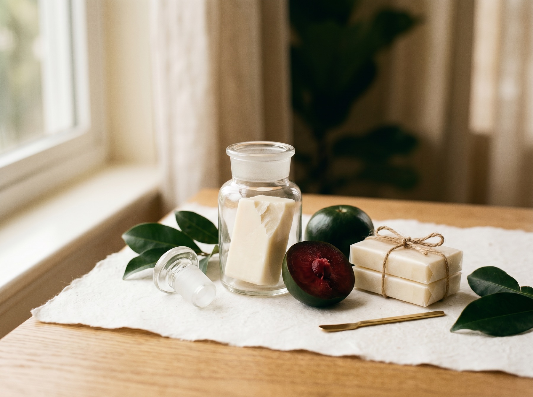 Kokum Stearin — firm ivory CBE-grade fraction in apothecary jar with halved kokum fruit and twined ingots